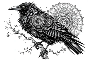 Black Raven on a branch looking over its shoulder with mandala tattoo idea