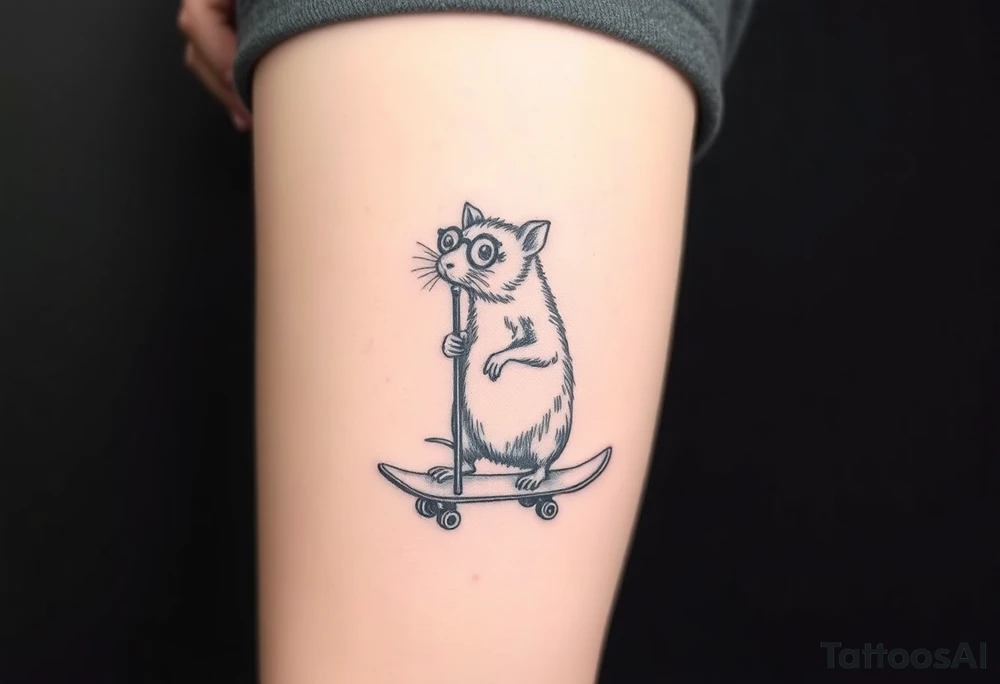 Old rat with a cane and monocle, but instead of a can it is leaning on a skateboard tattoo idea