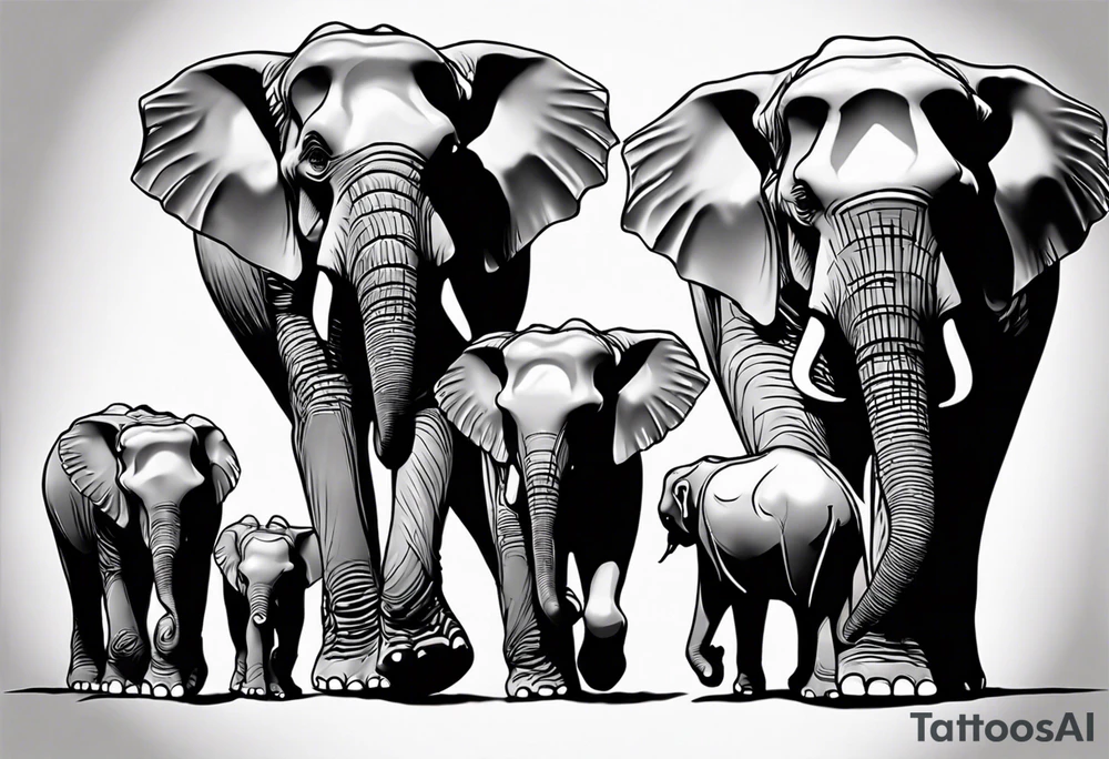 family of 6 elephants walking into sunset tattoo idea