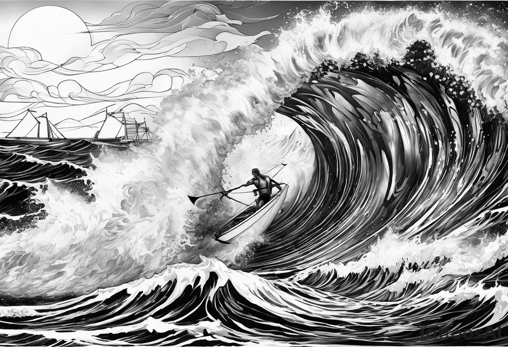 Poseidon im Vordergrund mit Windsurfer und Wellen im Hintergrund tattoo idea