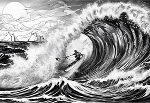 Poseidon im Vordergrund mit Windsurfer und Wellen im Hintergrund tattoo idea