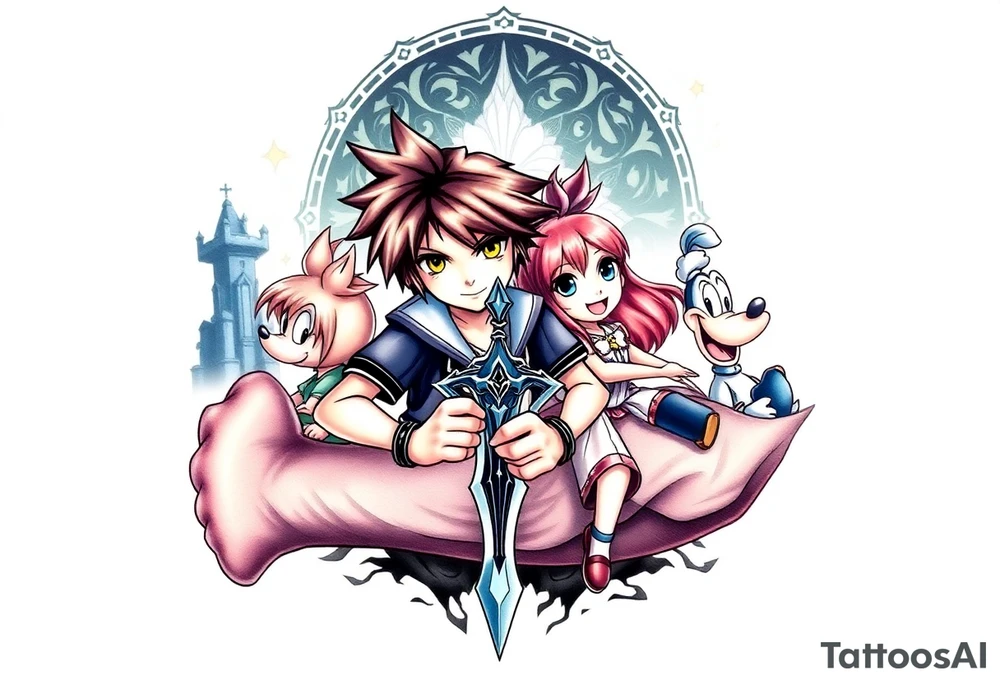 Exact Kingdom Hearts tattoo design featuring sora, kairi, riku, donald and goofy from the game, together in a dynamic, united pose. The centerpiece should include the soras Keyblade, with a beautiful and ethereal dark Kingdom Hearts-inspired background—think glowing stars, floating islands, and stained-glass elements in backroung. The design should capture themes of friendship, light vs. darkness, and adventure. Style should be detailed, fantasy-oriented, and suitable for a large piece tattoo idea
