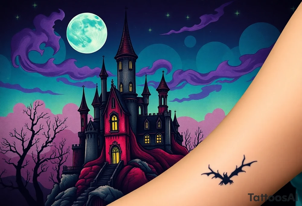 Tim Burton’s disney sleeping beauty’s haunted castle is abandoned and dripping with muted reds, dusty pinks, and eerie green glow.purple and cyan smokey clouds swirl in the crescent moonlit sky thats sprinkled with stars tattoo idea tattoo idea
