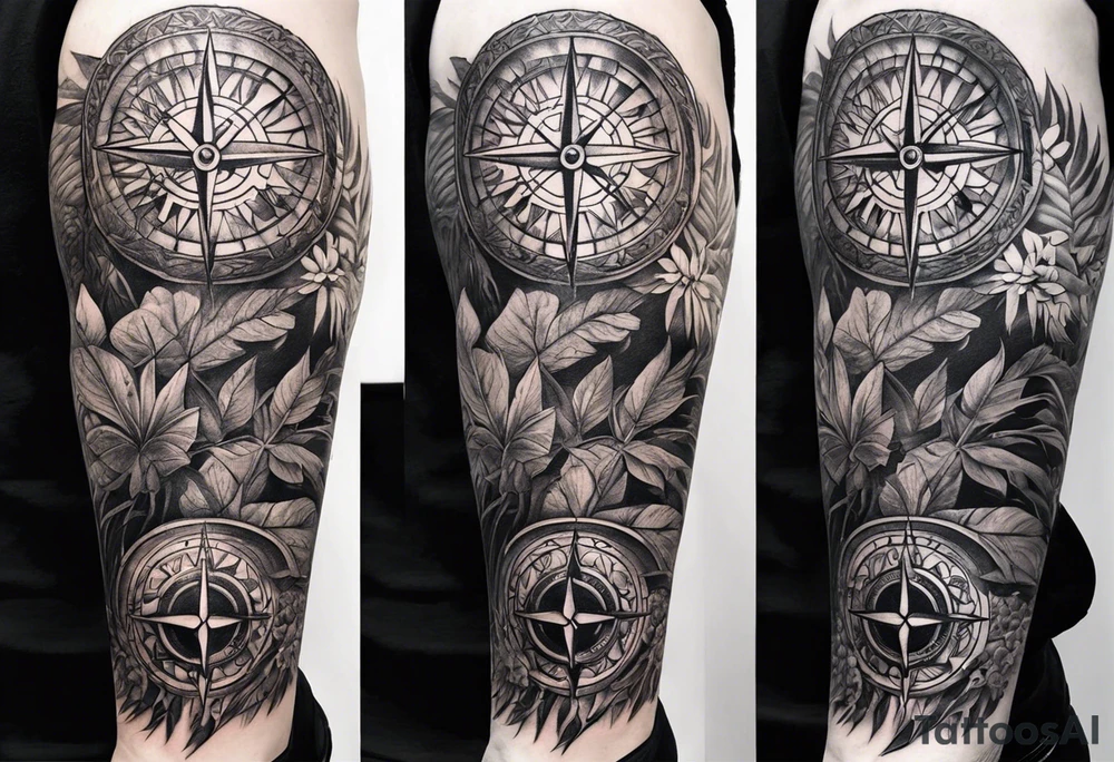 full sleeve tattoo with jungle plants and viking compass tattoo idea