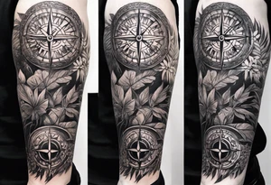 full sleeve tattoo with jungle plants and viking compass tattoo idea
