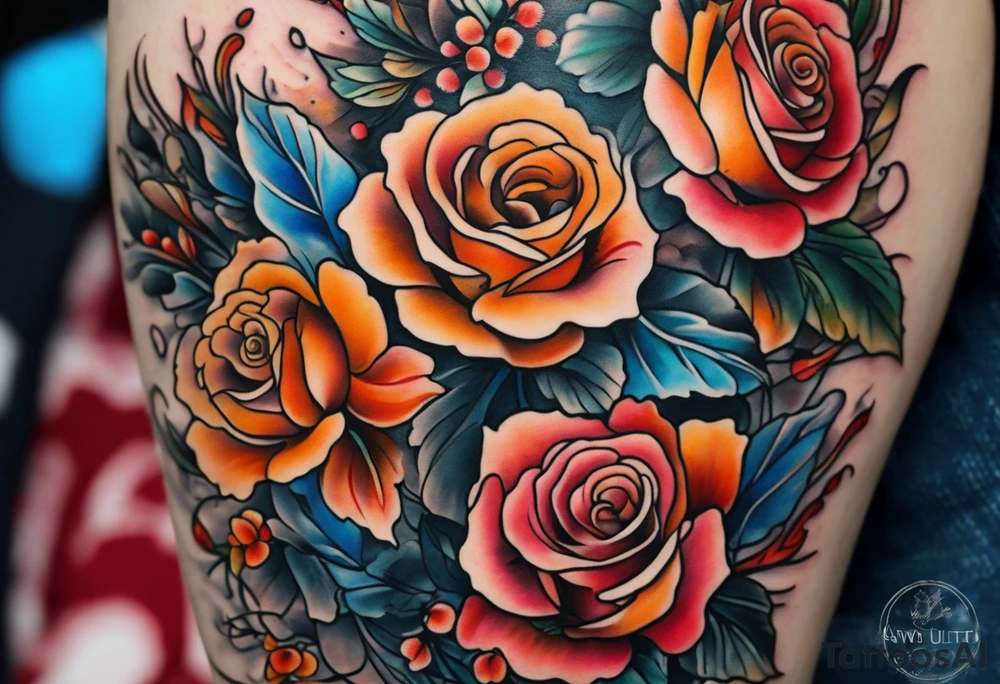 Front knee tattoo with fall colors, small flowers, rose, leaves, blue water flows with washes and background tattoo idea
