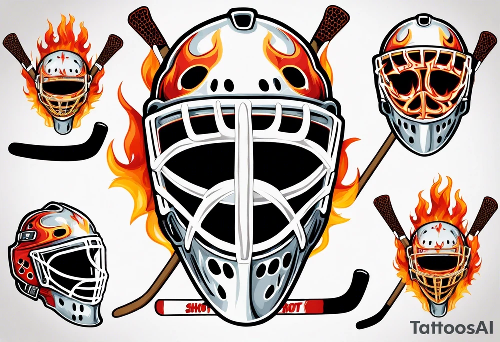 a goalie mask and crossed hockey sticks with flames that says "SHOT HOCKEY" tattoo idea