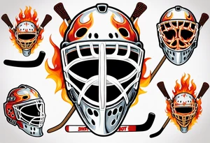 a goalie mask and crossed hockey sticks with flames that says "SHOT HOCKEY" tattoo idea