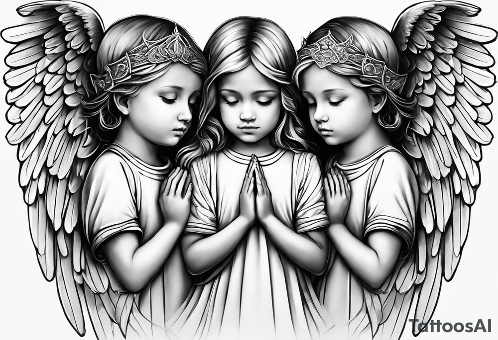 3 angels praying together. The two boy angels are on either side of the girl angel, with their wings gently enfolding tattoo idea