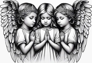3 angels praying together. The two boy angels are on either side of the girl angel, with their wings gently enfolding tattoo idea