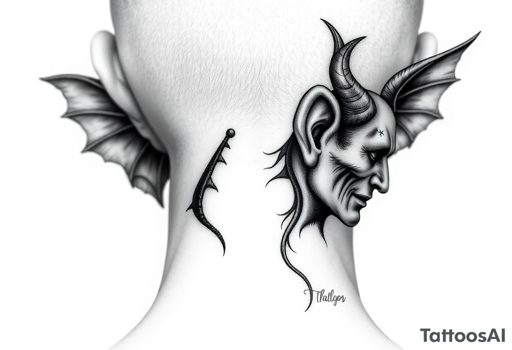 position behind the neck Angel (on the right) whispering in the right ear, demon (on the left) whispering in the left ear. It must be as realistic as possible. tattoo idea