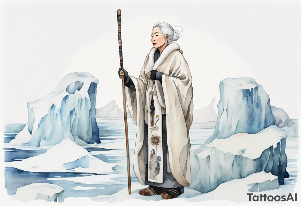a middle aged Inuit woman with white hair wearing a white robe, white mittens and mukluks holding a plain white staff, standing on an iceberg tattoo idea