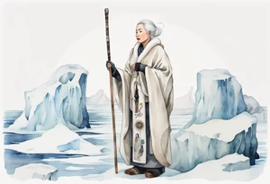 a middle aged Inuit woman with white hair wearing a white robe, white mittens and mukluks holding a plain white staff, standing on an iceberg tattoo idea