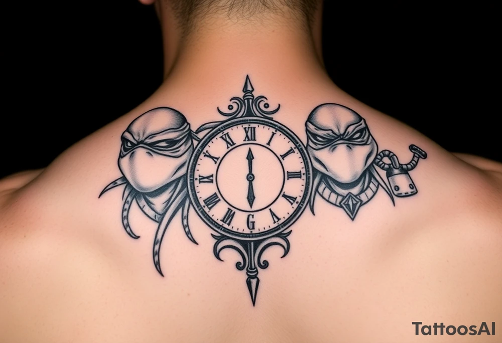 give me a full front neck tattoo of the 4 ninja turtles on the right and danny phantom on the left with a clock in the middle in all black ink tattoo idea