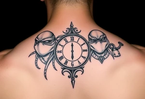 give me a full front neck tattoo of the 4 ninja turtles on the right and danny phantom on the left with a clock in the middle in all black ink tattoo idea