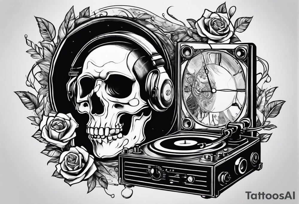 Skeleton listening to record player tattoo idea