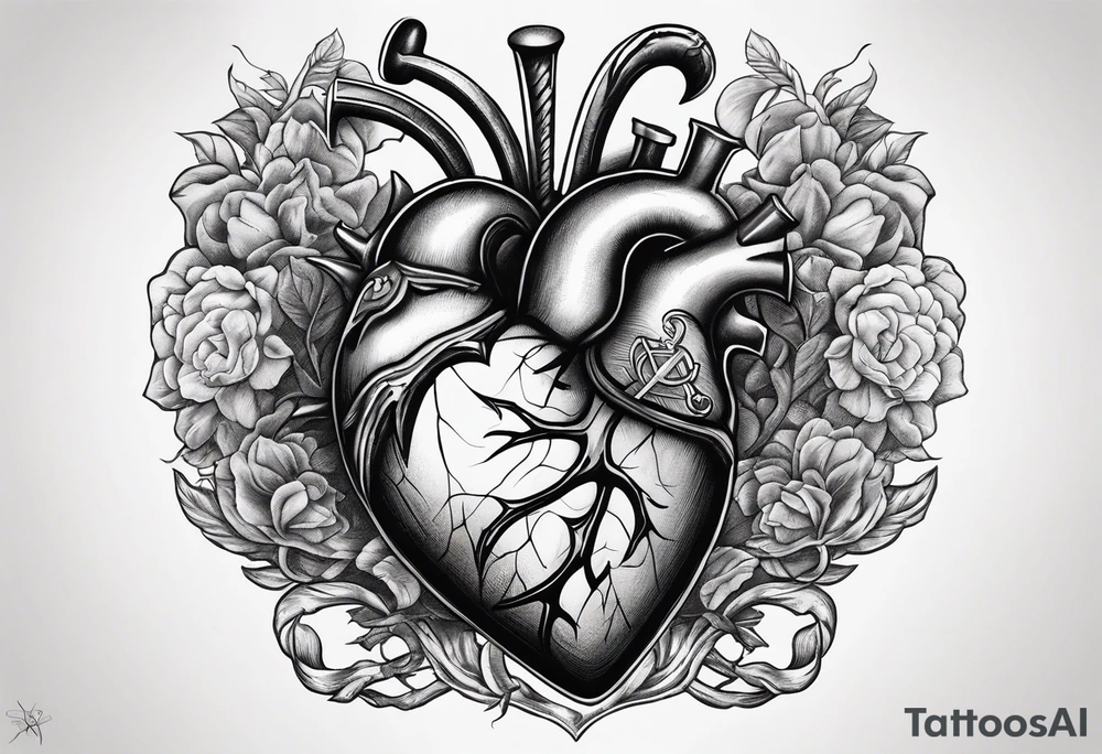 real looking anatomically correct heart that appears to be alive and pumping blood with an ancient anchor penetrating completely through it tattoo idea