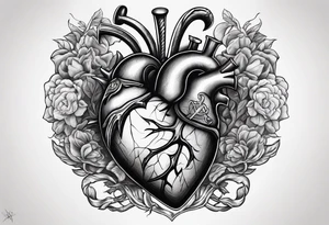 real looking anatomically correct heart that appears to be alive and pumping blood with an ancient anchor penetrating completely through it tattoo idea