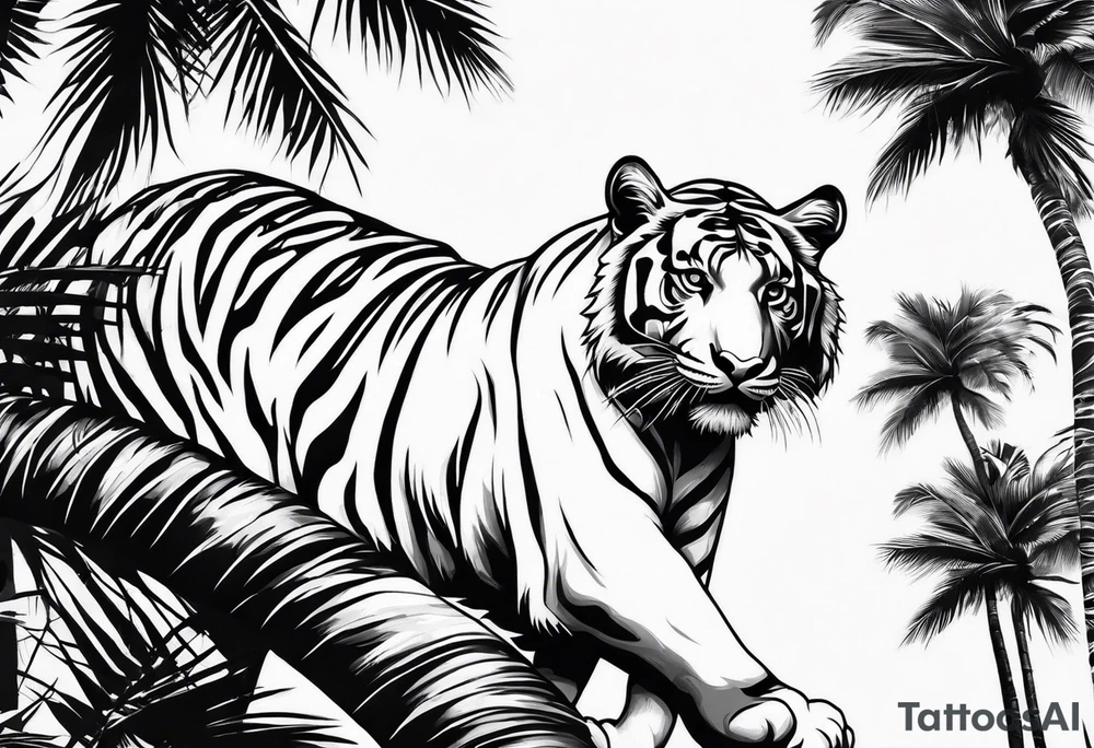 tiger climbing palm tree tattoo idea