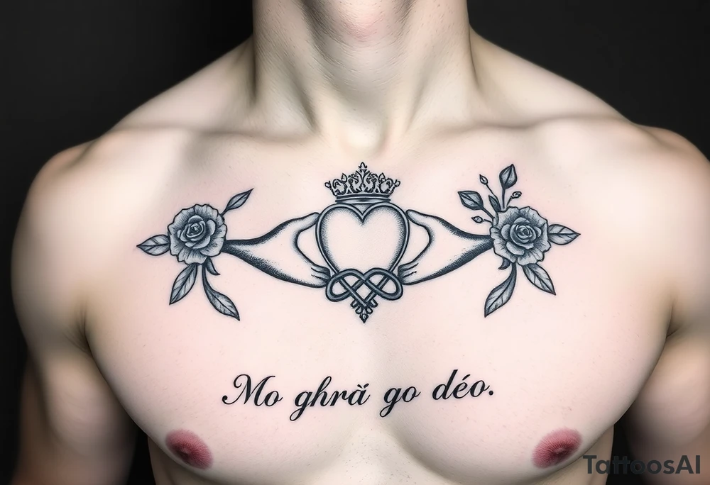 Claddagh placed on a man’s chest. The bake Michelle and Irish rose with Celtic knot incorporated into the design. Flour de lit. Mo ghrá go deo written at the very bottom. tattoo idea