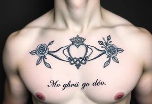 Claddagh placed on a man’s chest. The bake Michelle and Irish rose with Celtic knot incorporated into the design. Flour de lit. Mo ghrá go deo written at the very bottom. tattoo idea