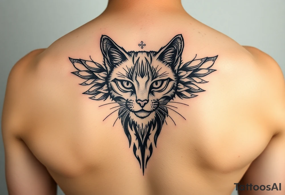 faça uma tatuagem vertical para costas feminina delicada, contendo gato preto, prosperidade, família, espiritualidade e amor tattoo idea