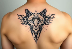 faça uma tatuagem vertical para costas feminina delicada, contendo gato preto, prosperidade, família, espiritualidade e amor tattoo idea