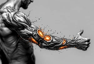 A ripped-skin illusion showing carbon fiber muscles and glowing orange pistons in motion. tattoo idea