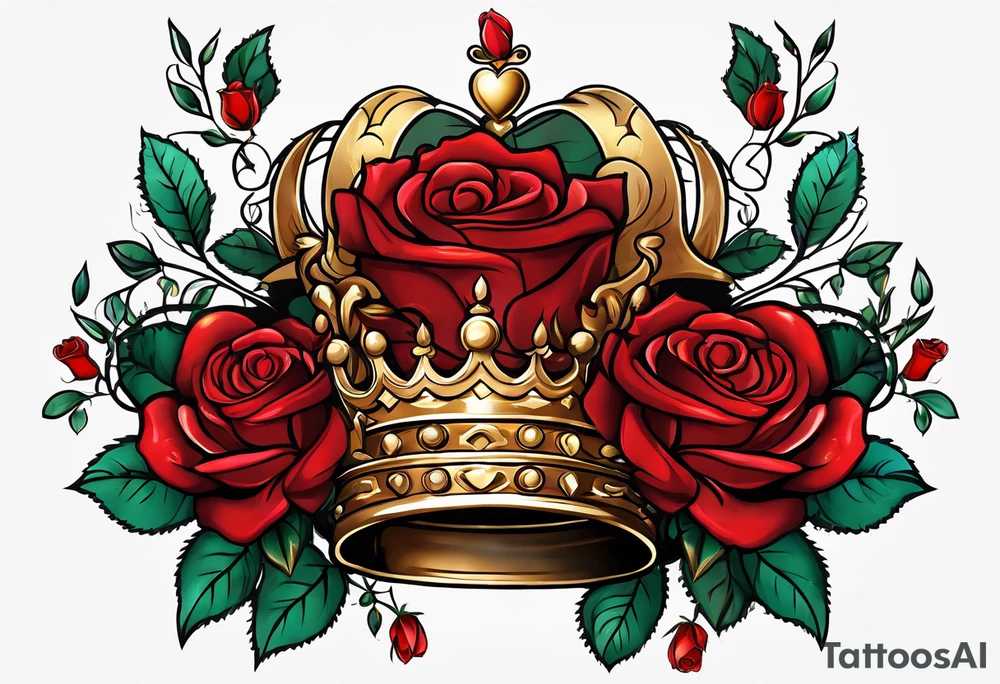 the red rose queen's golden crown with a heart tattoo idea