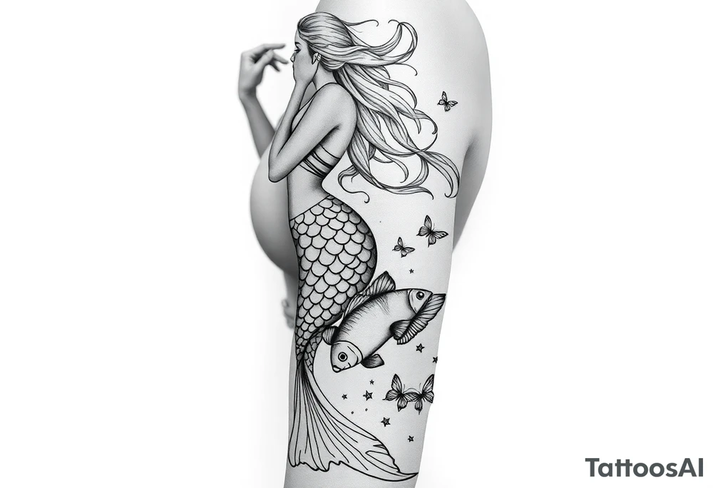 Aquarius goddess with mermaid tail Carrying  water bearer over her shoulder spilling water to the floor with a pisces fish in
Leading to butterflies tattoo idea