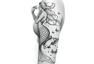 Aquarius goddess with mermaid tail Carrying  water bearer over her shoulder spilling water to the floor with a pisces fish in
Leading to butterflies tattoo idea