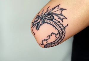 fierce dragon breathing iridescent fire against stormy skies tattoo idea