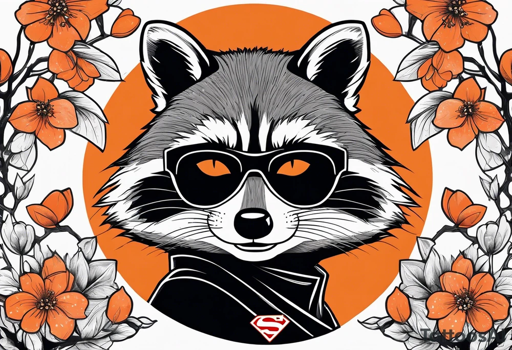 Raccoon wearing a white Superman logo on a black hoodie and orange Japanese cherry blossoms tattoo idea