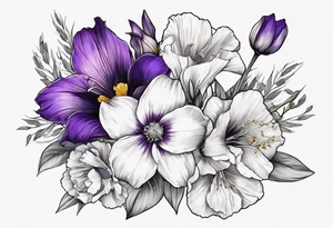 Hand bouquet with Violet, Daffodil, Gladiolus, Poppy, Cosmos tattoo idea