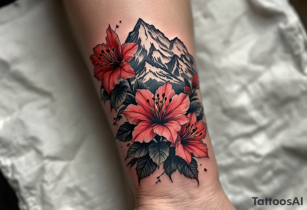 wrap around entire wrist red  and black rhododendron trippy with Himalayas behind tattoo idea