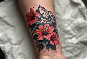 wrap around entire wrist red  and black rhododendron trippy with Himalayas behind tattoo idea