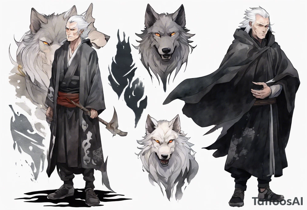a gaunt man with wolf ears with white hair, grey eyes, and a black cloak standing in the dark tattoo idea