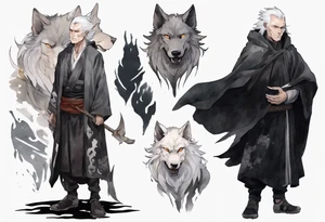 a gaunt man with wolf ears with white hair, grey eyes, and a black cloak standing in the dark tattoo idea