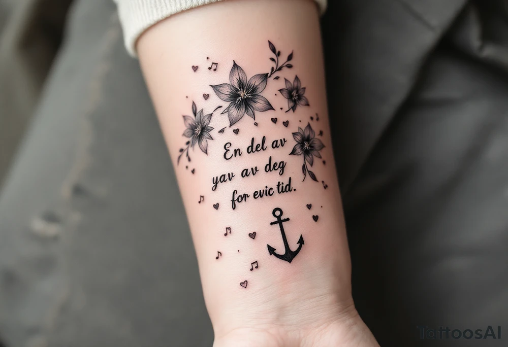 make a qoute sayin "En del av deg for evig tid. 
Pappa 20.12.24"
Surrounded by delicate long blossom gladious, music notes, hearts and an anchor on the lower right side tattoo idea