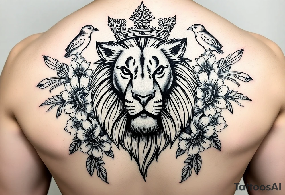 powerful majestic lion with a crown, surrounded by floral ornaments and birds tattoo idea