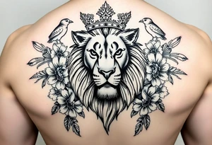 powerful majestic lion with a crown, surrounded by floral ornaments and birds tattoo idea