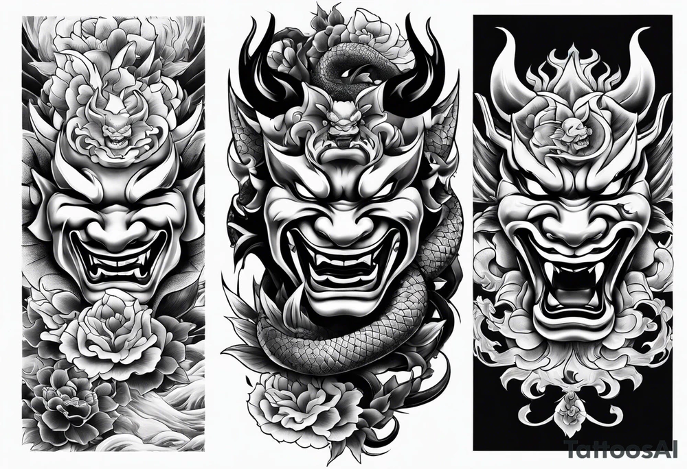 Half sleeve irezumi hebi and two hannya masks one laughing one crying tattoo idea