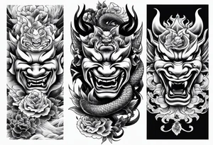 Half sleeve irezumi hebi and two hannya masks one laughing one crying tattoo idea