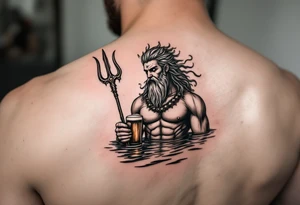 neptune with trident half way in calm water with a beer tattoo idea