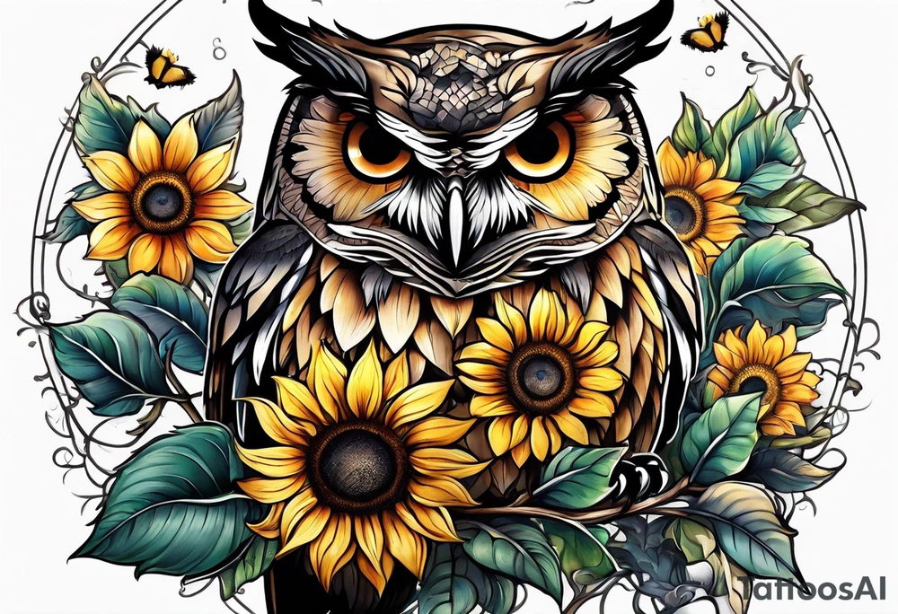 Sunflower and owl tattoo idea