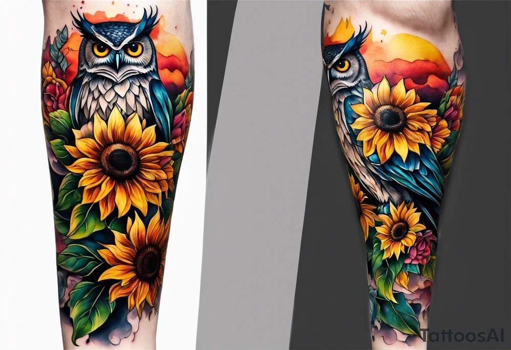 Leg sleeve with colorful sunflowers and an owl tattoo idea