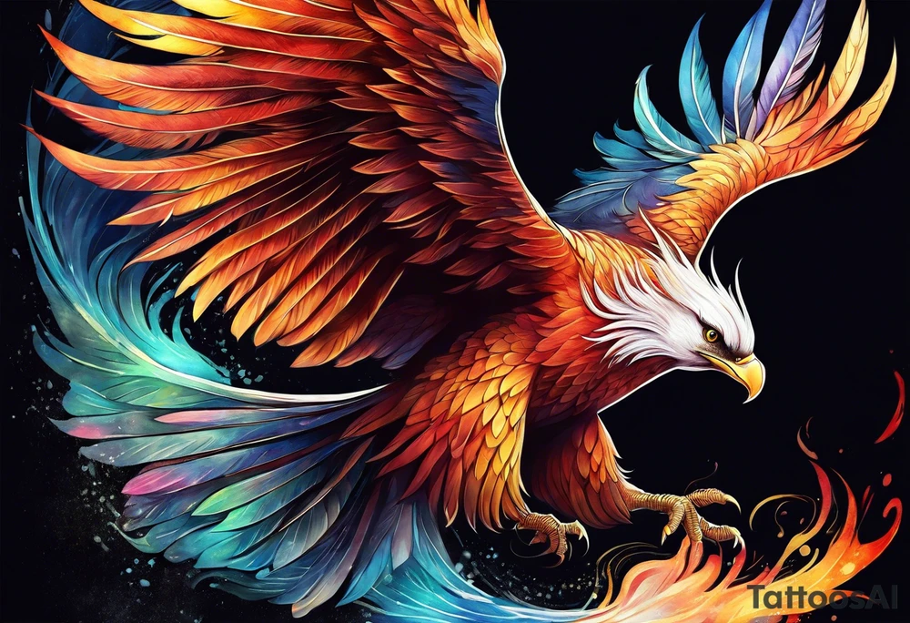 Rising phoenix against dark background, tall length tattoo idea