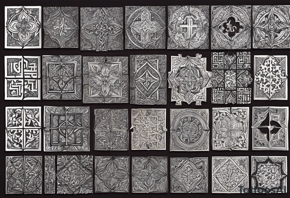 Make a forearm tattoo of 12 medium sized puzzle pieces On dark skin. Make it where the background of each puzzle piece is a sketch of the 12 disciple in the Bible, but make Jesus Christ the primary focus. Make them all look middle eastern. I want one piece to be disconnected and let that piece be a sketch of Judas Iscariot. Use a realistic texture tattoo idea