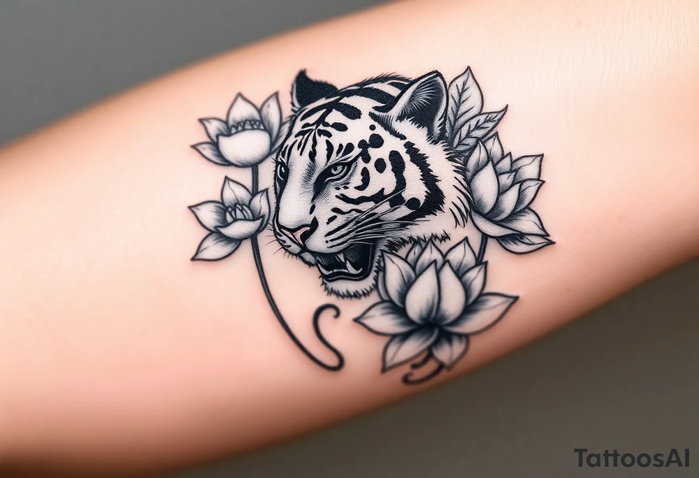 fierce tiger emerging through blooming lotus flowers in mist tattoo idea