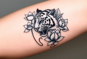 fierce tiger emerging through blooming lotus flowers in mist tattoo idea